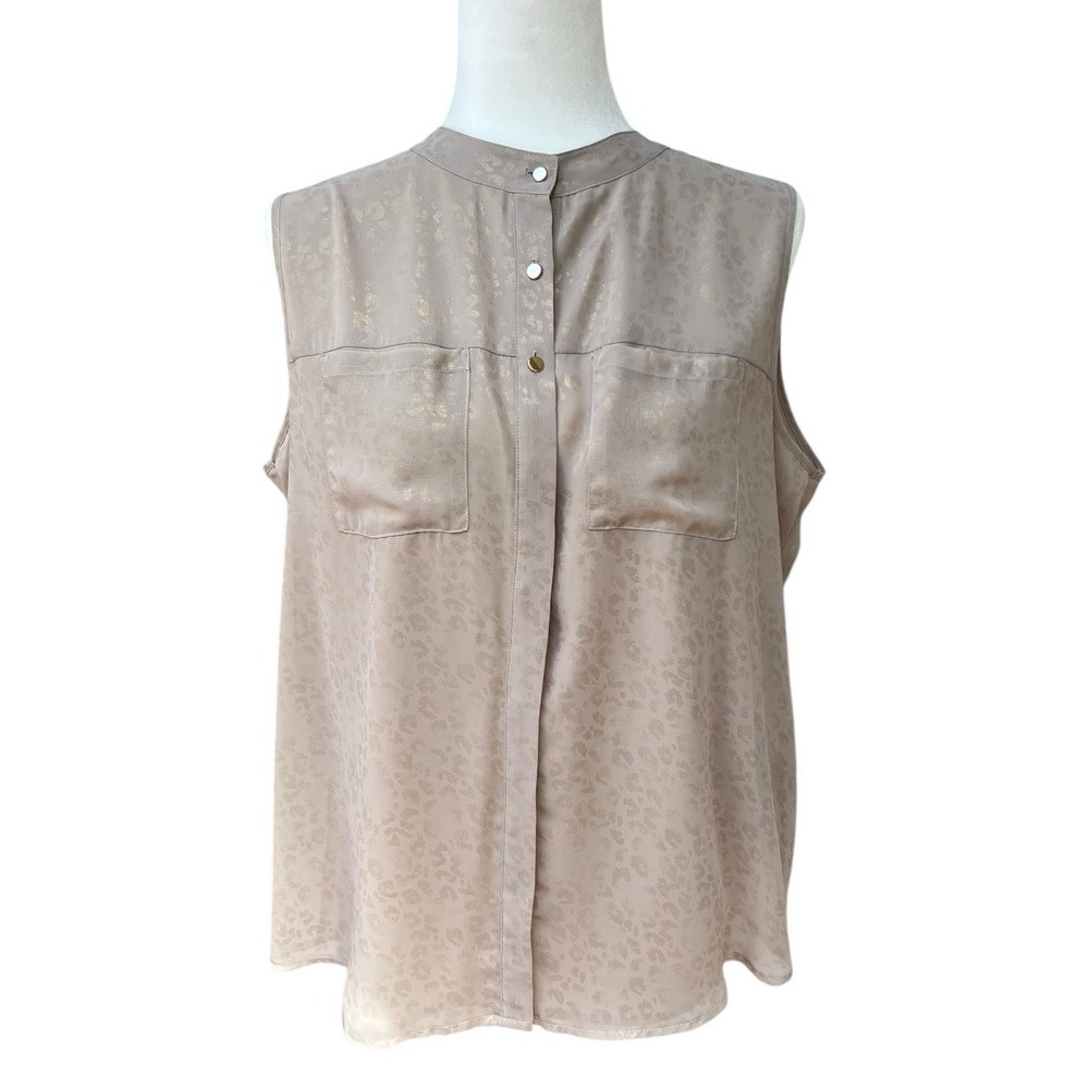 Calvin Klein Shirt XL Taupe Metallic Blouse Tank Top Lined Womens Buttons Pocket